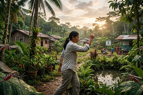 Mujer en un ambiente tropical con muchos mosquitos que transmiten infecciones por animales