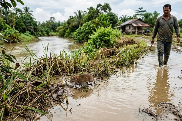 Hombre caminando por inundaciones donde la zoonosis se transmite a través de la orina de roedores y ganado