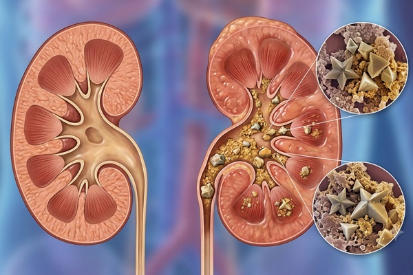 Cálculos renales - Dibujo representativo de piedra en los riñones que causa dolores abdominales y dificultad para orinar