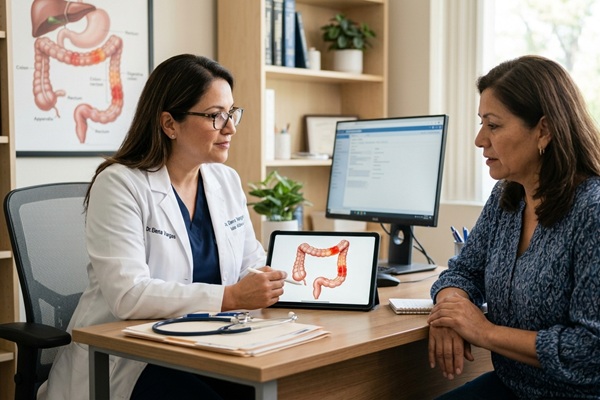 Enfermedades del colon - Mujer en consulta médica para tratar el colon irritable