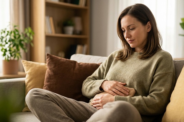 Enfermedades del colon - Mujer con dolor abdominal debido a una inflamación intestinal