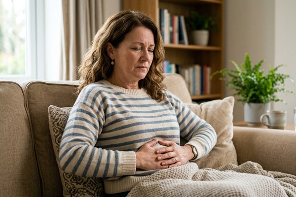 Enfermedades del colon - Mujer con dolor abdominal que puede ser un síntoma del cáncer de colon