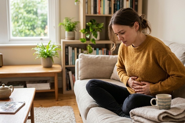 Mujer con dolor abdominal agudo debido a problemas intestinales
