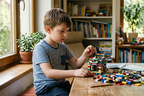 Síndrome X-frágil - Niño con uno de los tipos de síndrome X frágil jugando con legos para desarrollar la capacidad motriz