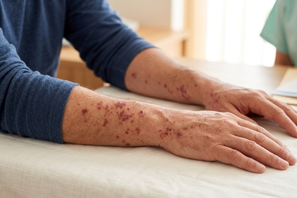 Vasculitis por IgA - Hombre adulto con lesiones cutáneas causadas por la purpura en la piel