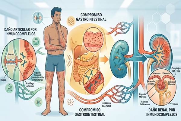 Representación gráfica de los daños que causa la enfermedad purpura en las funciones gastrointestinales y renales