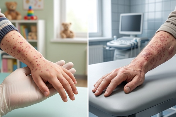 Imagen comparativa de la enfermedad purpura en adultos y niños con la aparición de erupciones en la piel