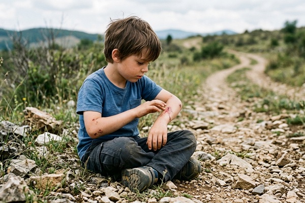 Insensibilidad congénita al dolor - Niño tocando una herida en la piel con falta de dolor debido a la analgesia congénita