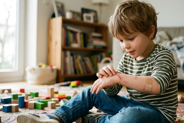 Niño tocando sus heridas mientras juega debido a la pérdida de sensibilidad
