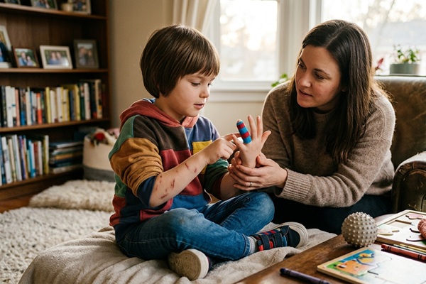 Mujer tratando a un niño con heridas sin dolor debido a la pérdida de sensibilidad