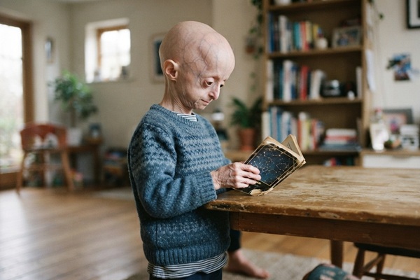 Progeria de Hutchinson-Gilford - Niño con progeria infantil leyendo un libro