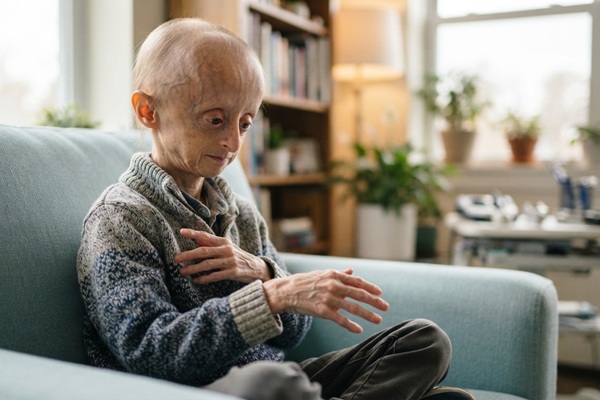 Progeria de Hutchinson-Gilford - Niño con problemas de salud debido a una vejez prematura causada por la progeria de Hutchinson-Gilford