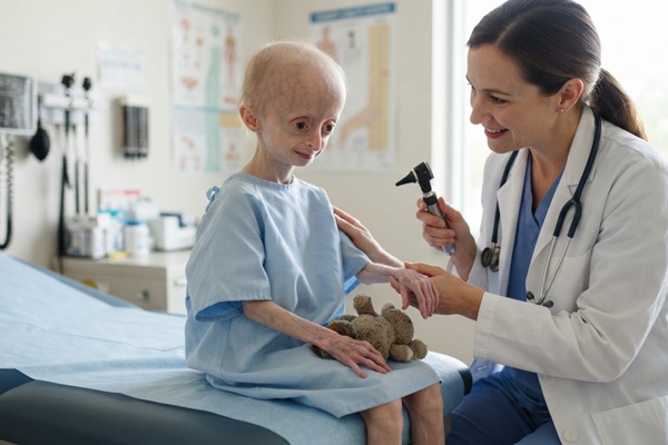 Progeria de Hutchinson-Gilford - Médico especialista evaluando a un niño con progeria infantil