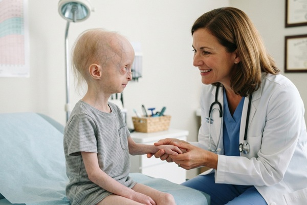 Médico evaluando a un niño con envejecimiento prematuro causado por una mutación genética
