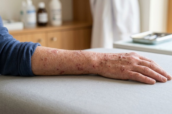 Persona con lesiones cutáneas en el brazo que destruyen las capas profundas de la dermis e impiden la producción de sudor