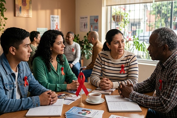 Grupo de personas con VIH conversando sobre los avances científicos para la prevención de las enfermedades de transmisión sexual
