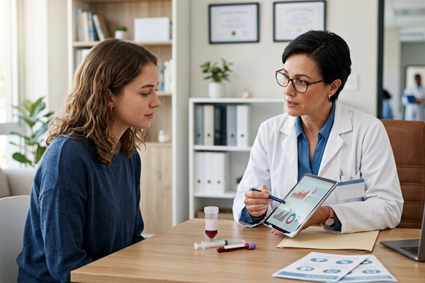 Doctora tratando a una mujer con sífilis luego de ser contagiada a causa de las relaciones sexuales sin protección