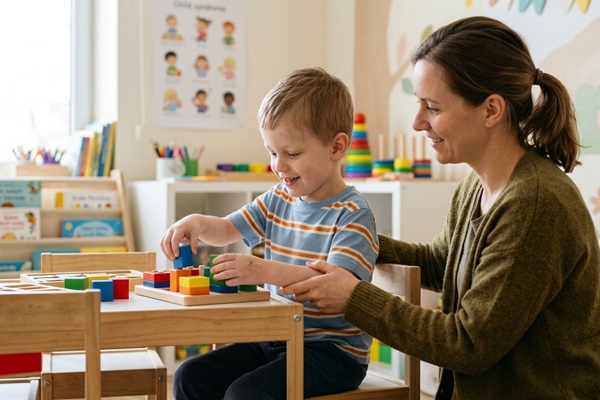 Síndrome de Aase - Especialista educando a un niño con una enfermedad genética que causa anemia y deformidades óseas
