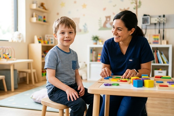 Profesora atendiendo a un niño con una enfermedad genética que causa anemia y debilidad