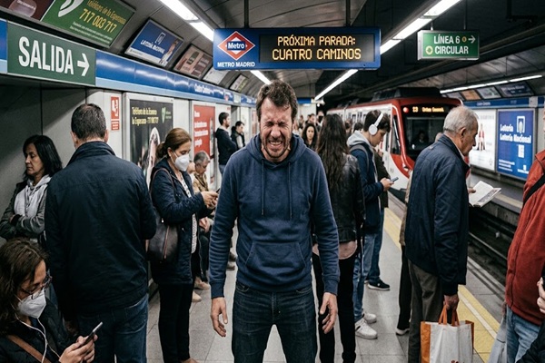 Agorafobia hombre sufriendo un ataque de ansiedad en el metro